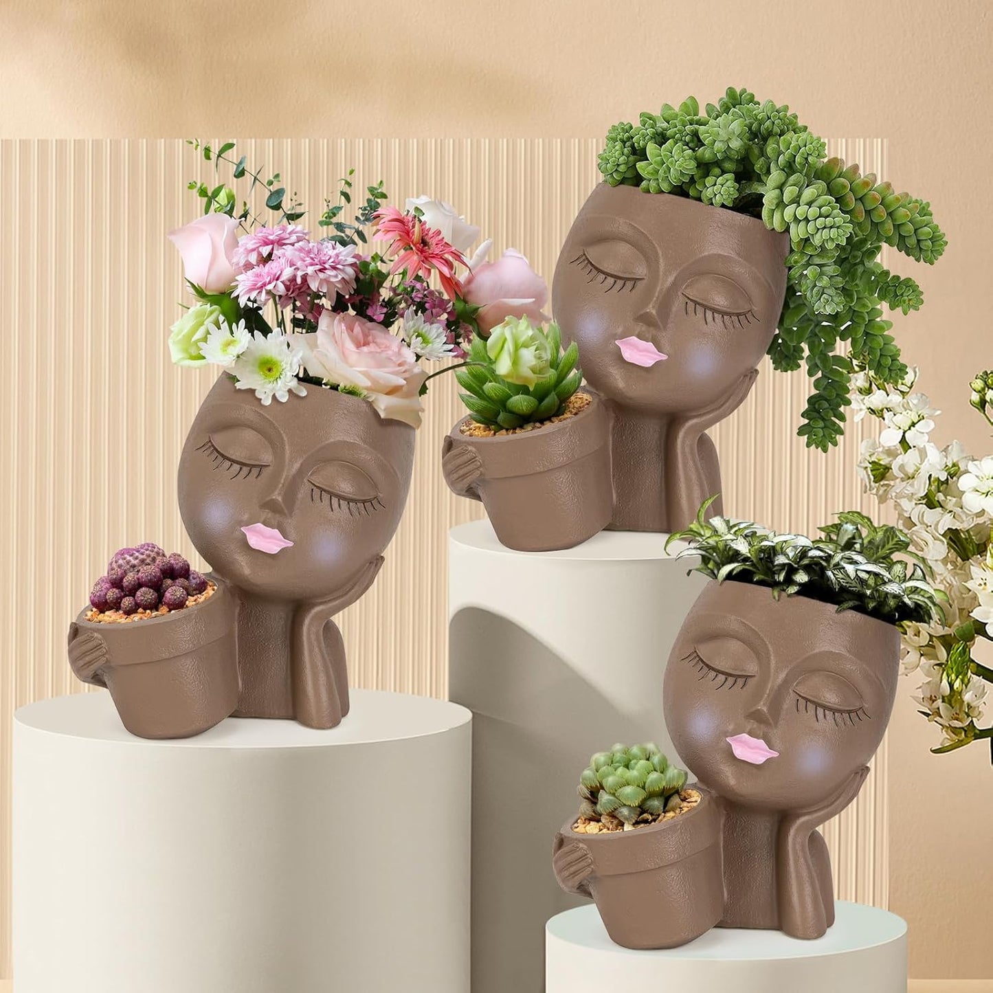 DUCHIFAD Face Planter Pot - Resin Head Flower Pot with Drainage for Indoor/Outdoor