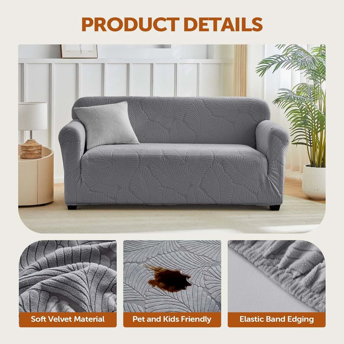 Waterproof 3 Seater Sofa Cover Stretch Protector Leaf Pattern Grey B0FLJN4PC1
