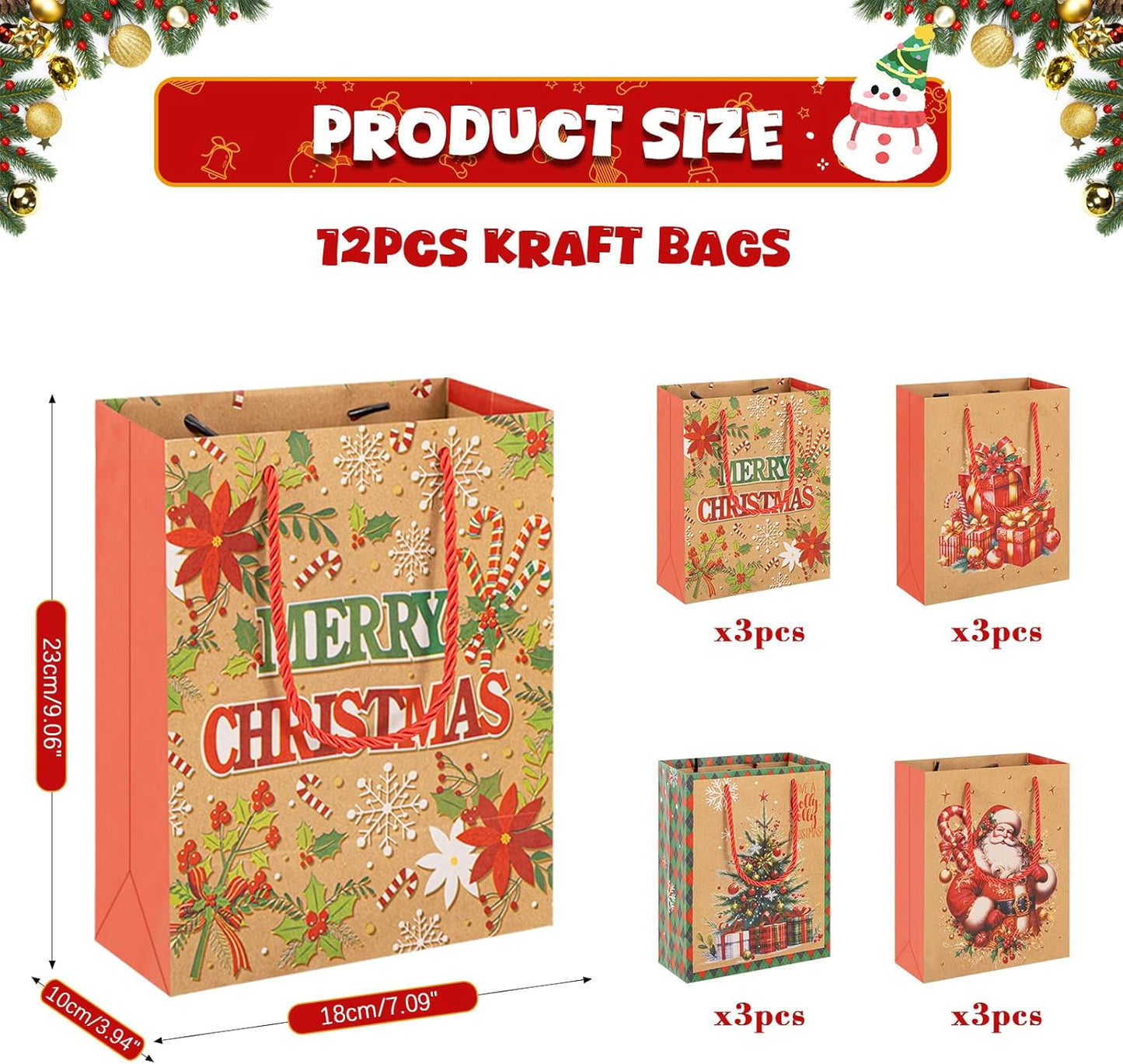 12x Christmas Kraft Gift Bags with Handles 23x18x10cm Festive Present Bags
