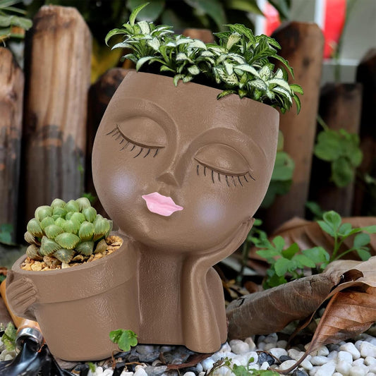 DUCHIFAD Face Planter Pot - Resin Head Flower Pot with Drainage for Indoor/Outdoor