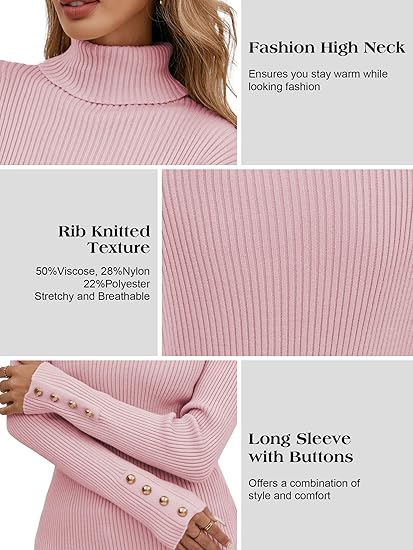 Womens High Neck Ribbed Jumper Slim Fit Long Sleeve Sweater Pink