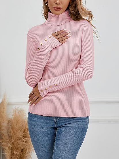 Womens High Neck Ribbed Jumper Slim Fit Long Sleeve Sweater Pink