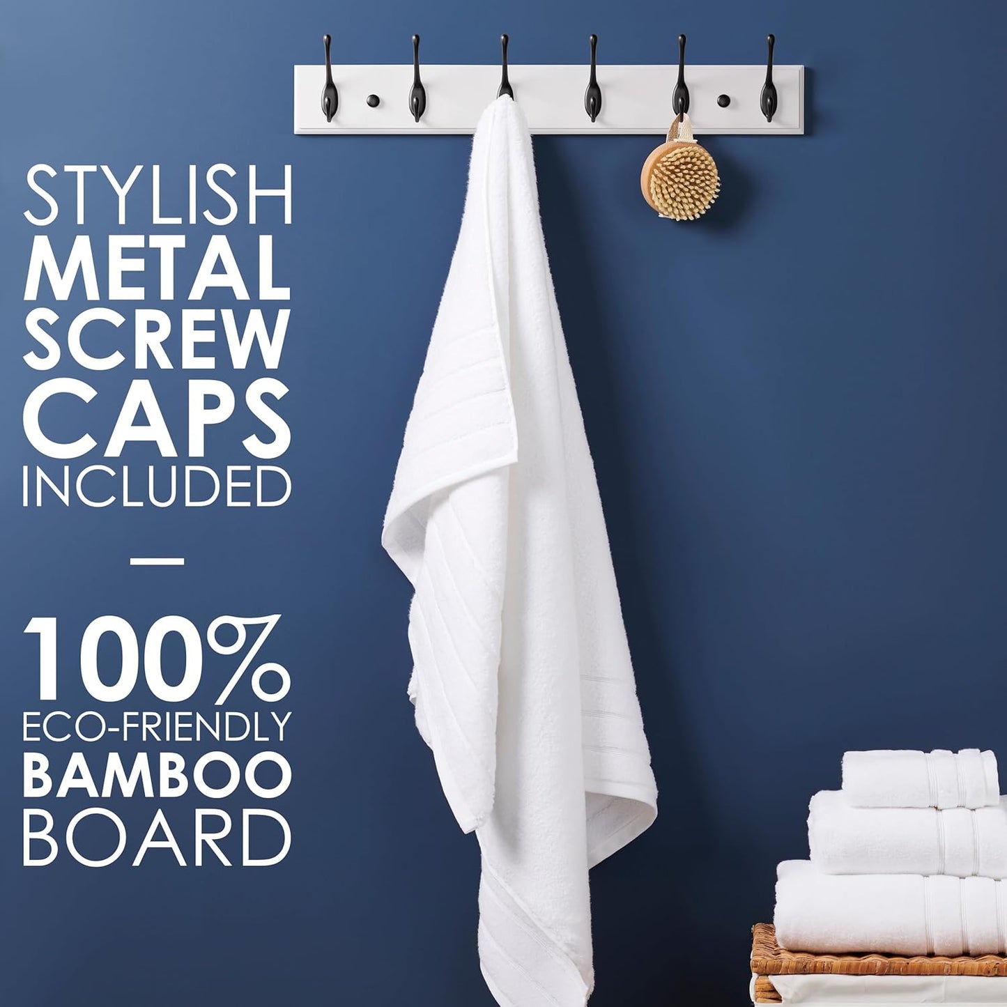Wall Mounted Coat Rack with 6 Heavy Duty Hooks White Bamboo