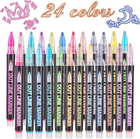 TOVIKI 24‑Colour Metallic Double‑Line Glitter Pens – Non‑Toxic Scrapbook Markers