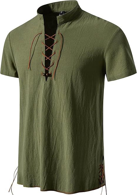 Mens Retro Lace Up Shirt Short Sleeve Medieval Viking Cosplay Top