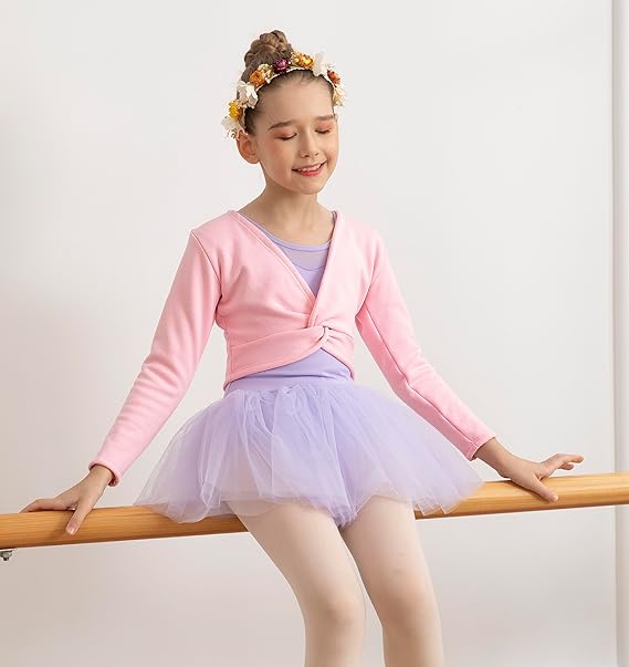 Girls Ballet Wrap Top Dance Cardigan Velvet Inner Long Sleeve Black