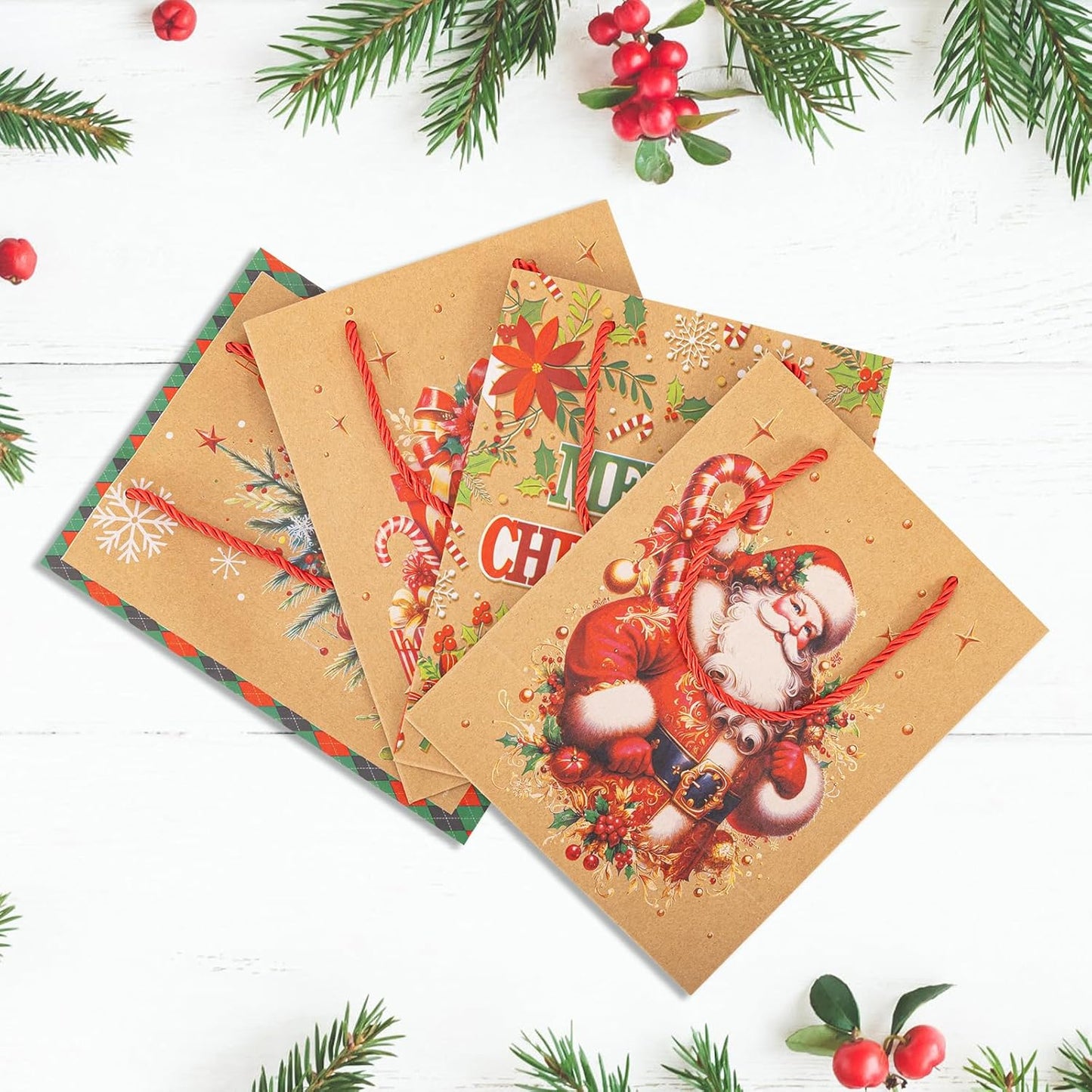 12x Christmas Kraft Gift Bags with Handles 23x18x10cm Festive Present Bags