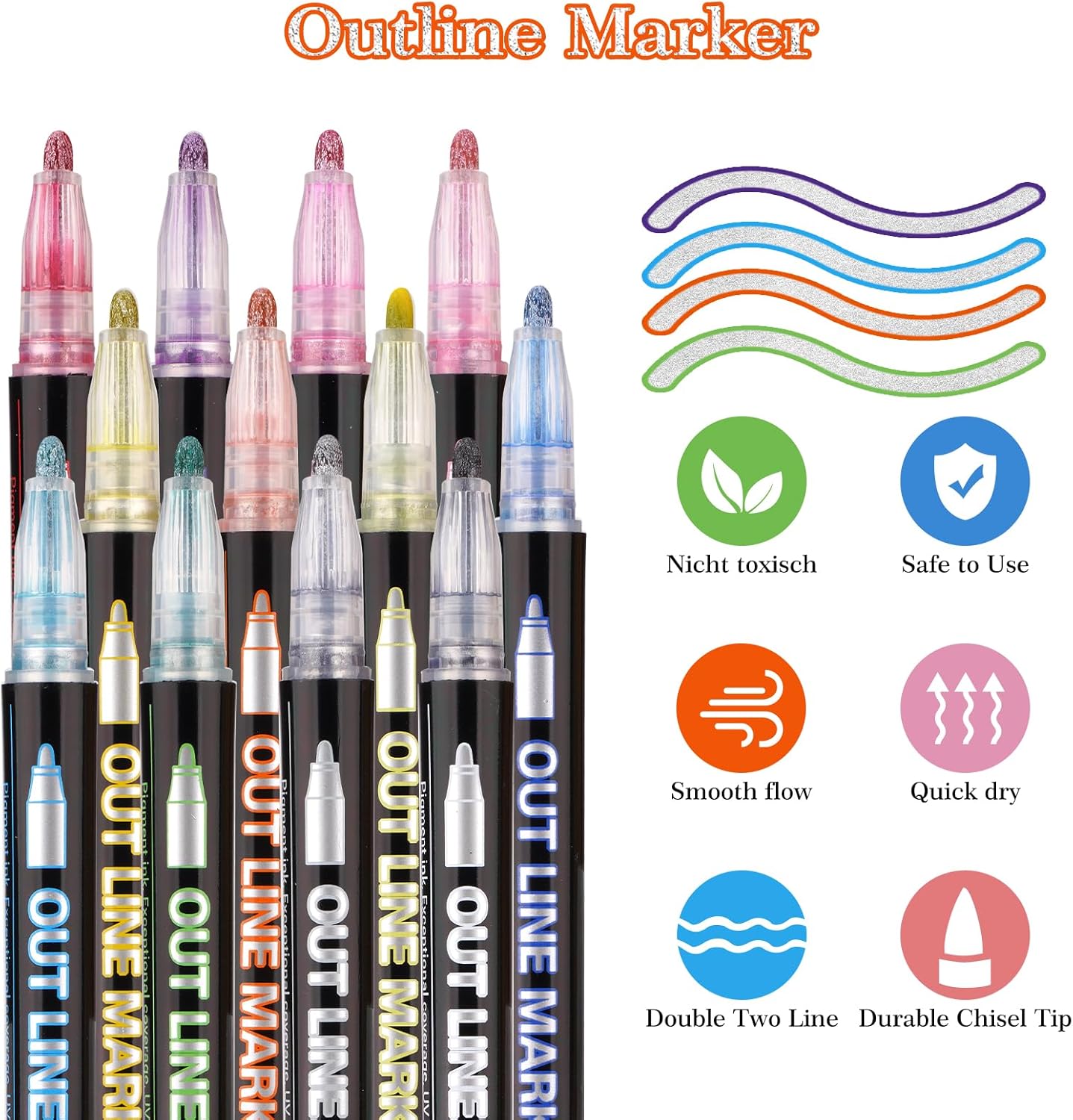 TOVIKI 24‑Colour Metallic Double‑Line Glitter Pens – Non‑Toxic Scrapbook Markers