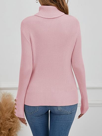 Womens High Neck Ribbed Jumper Slim Fit Long Sleeve Sweater Pink