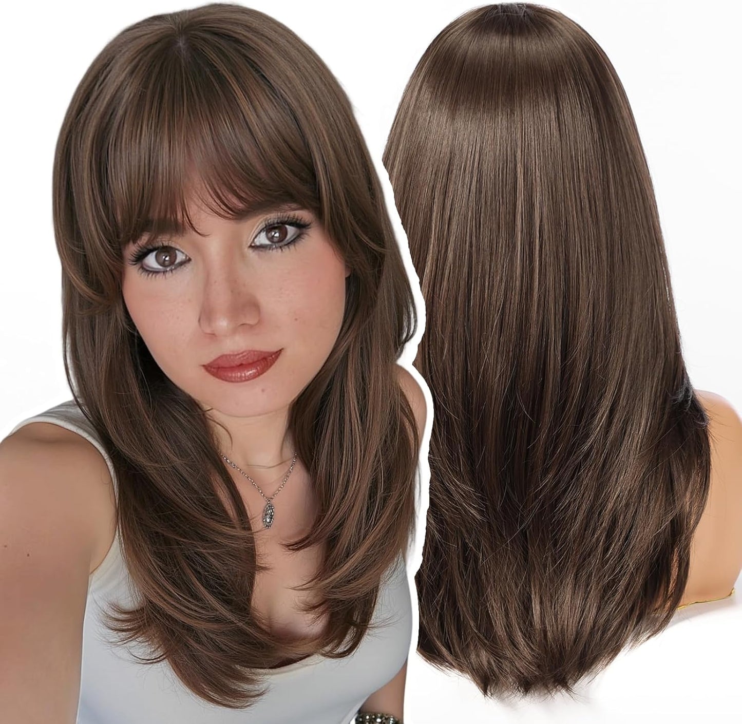 Womens Synthetic Wig Mid Long Straight Layered Fringe Natural Brown