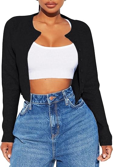 Womens Cropped Knitted Cardigan Long Sleeve Open Front Casual Black