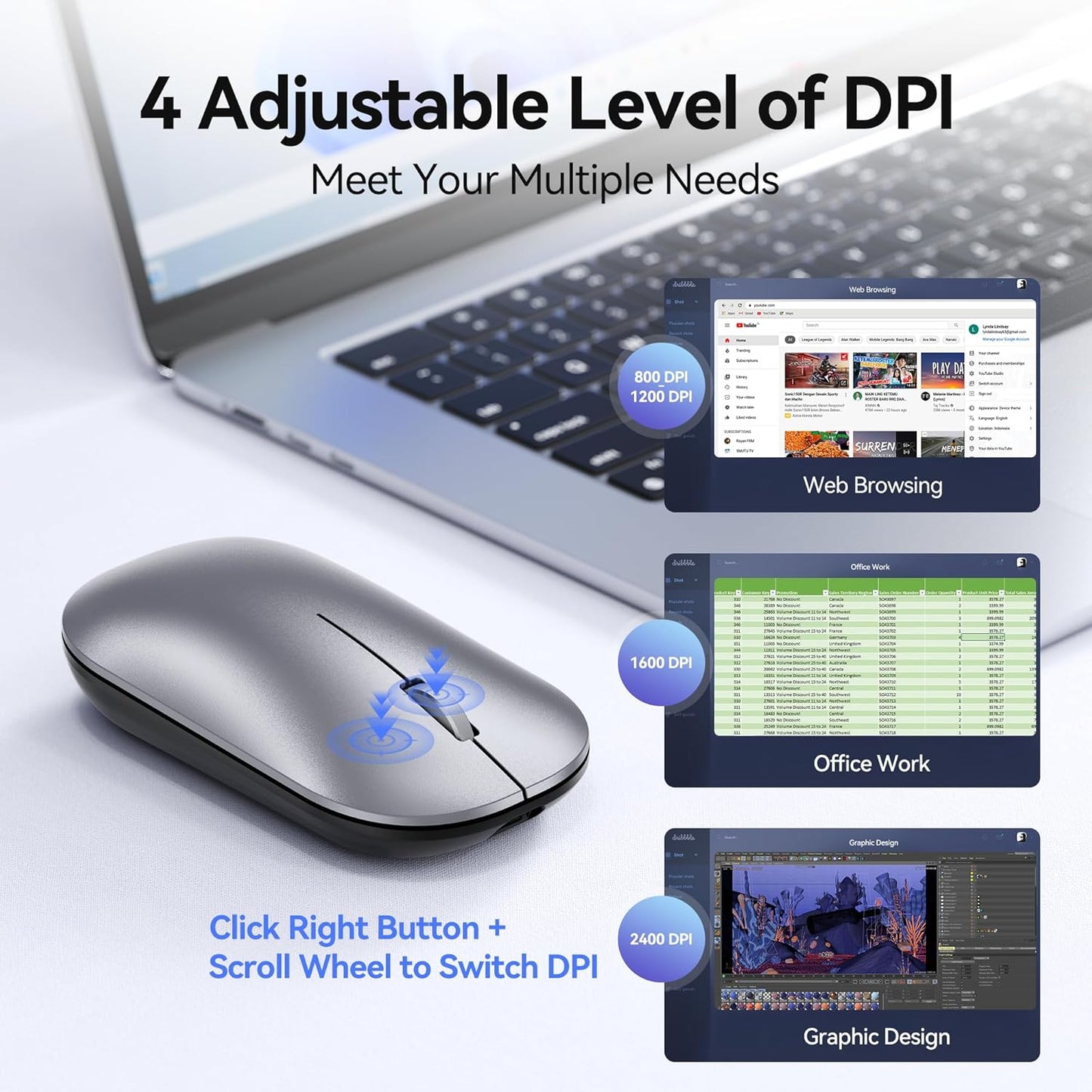 Wireless Mouse Bluetooth 5.0 3.0 2.4G Rechargeable Adjustable DPI
