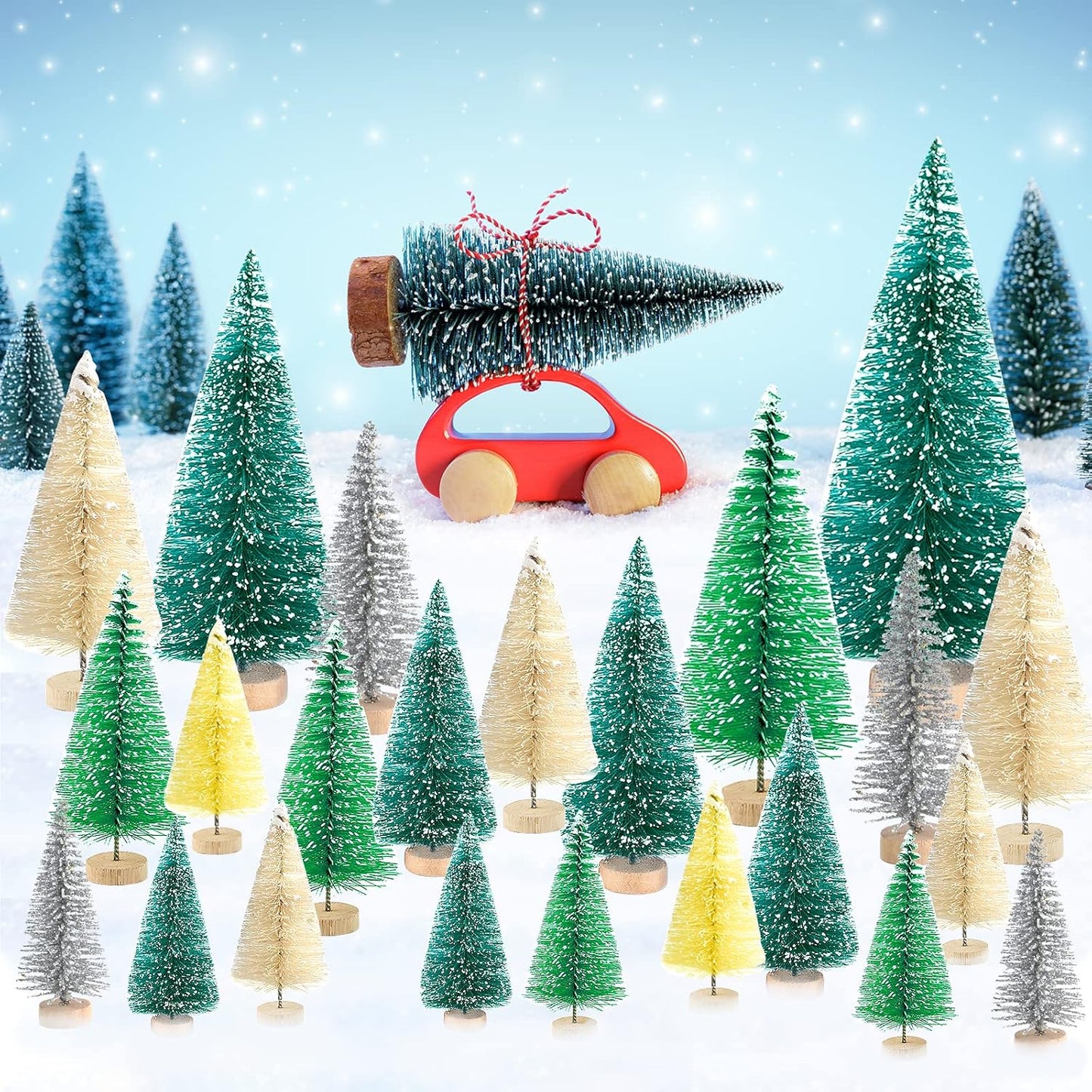 PLULON 30-Pc Mini Xmas Trees & Woodland Animals Kit – Bottle Brush, Rustic Village Décor