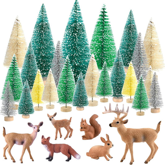 PLULON 30-Pc Mini Xmas Trees & Woodland Animals Kit – Bottle Brush, Rustic Village Décor
