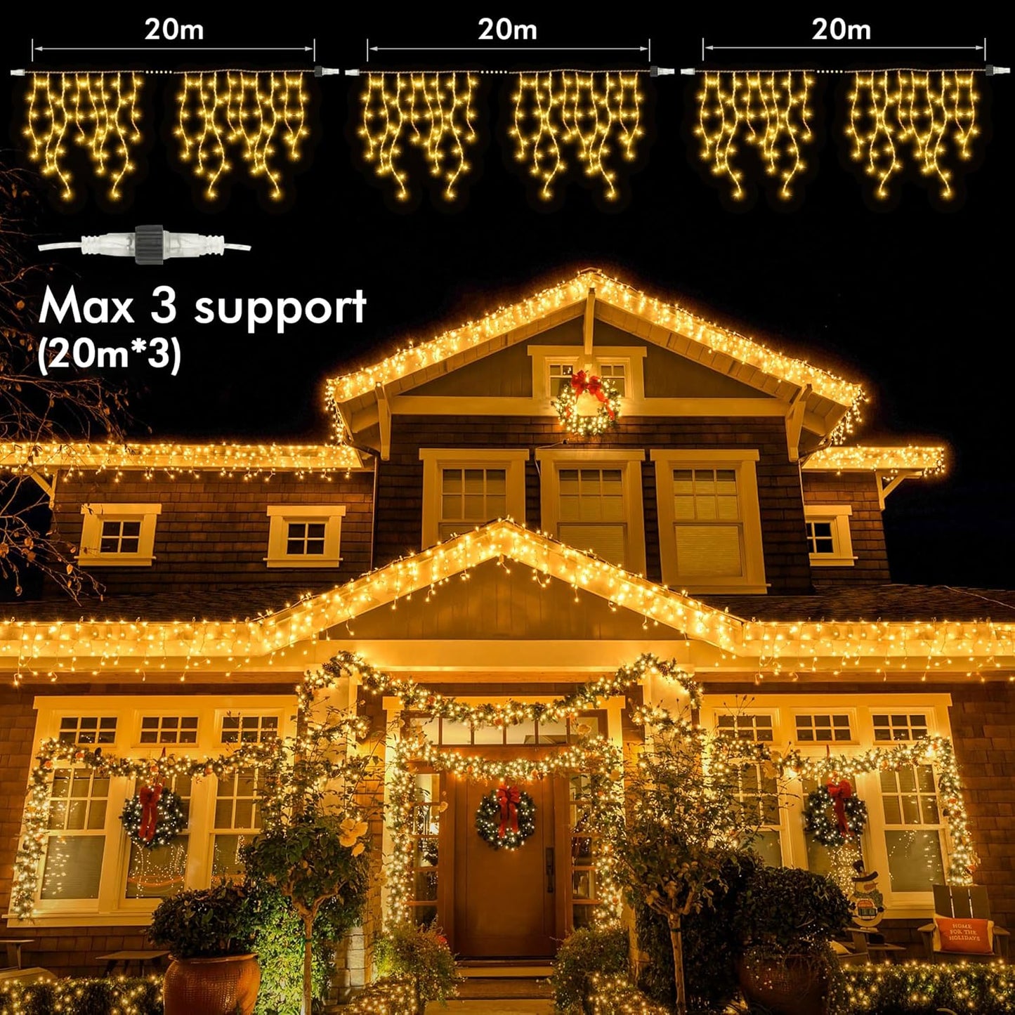 GYLEFY 20m 720 LED Warm White Outdoor Icicle Christmas Lights