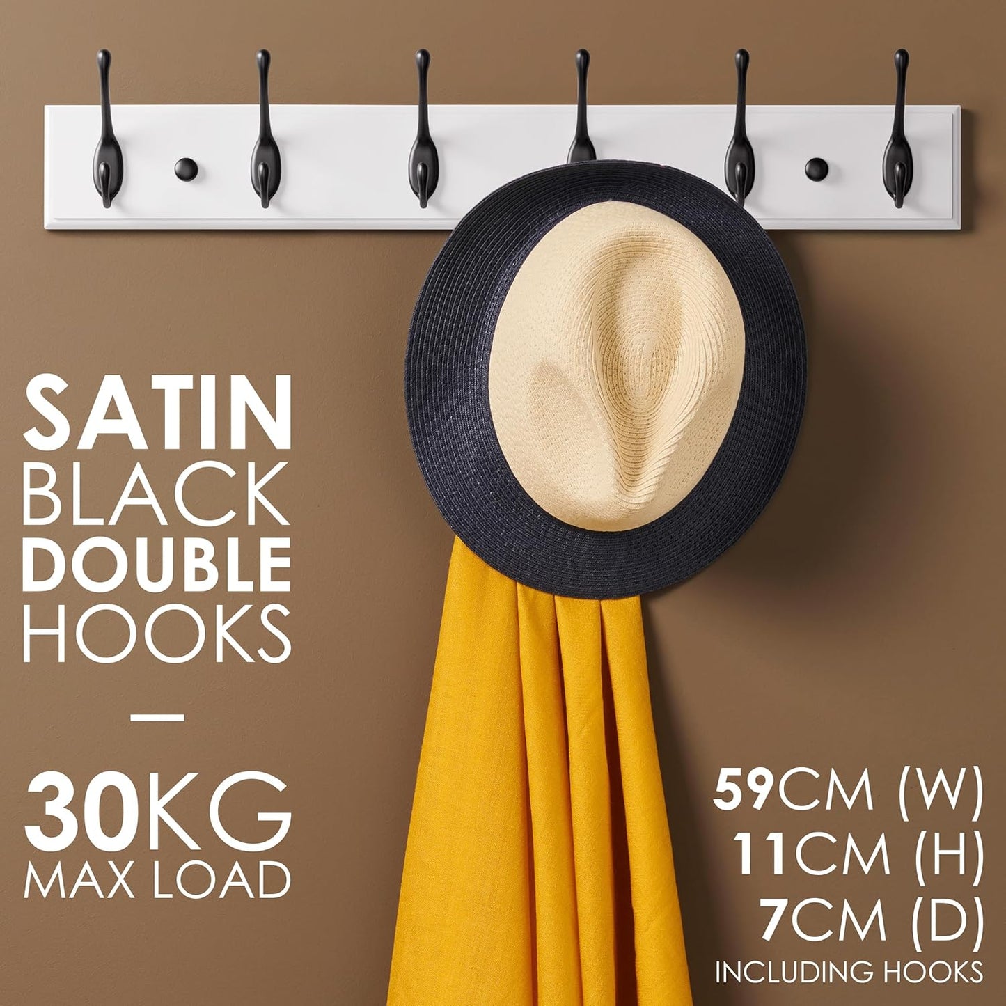 Wall Mounted Coat Rack with 6 Heavy Duty Hooks White Bamboo
