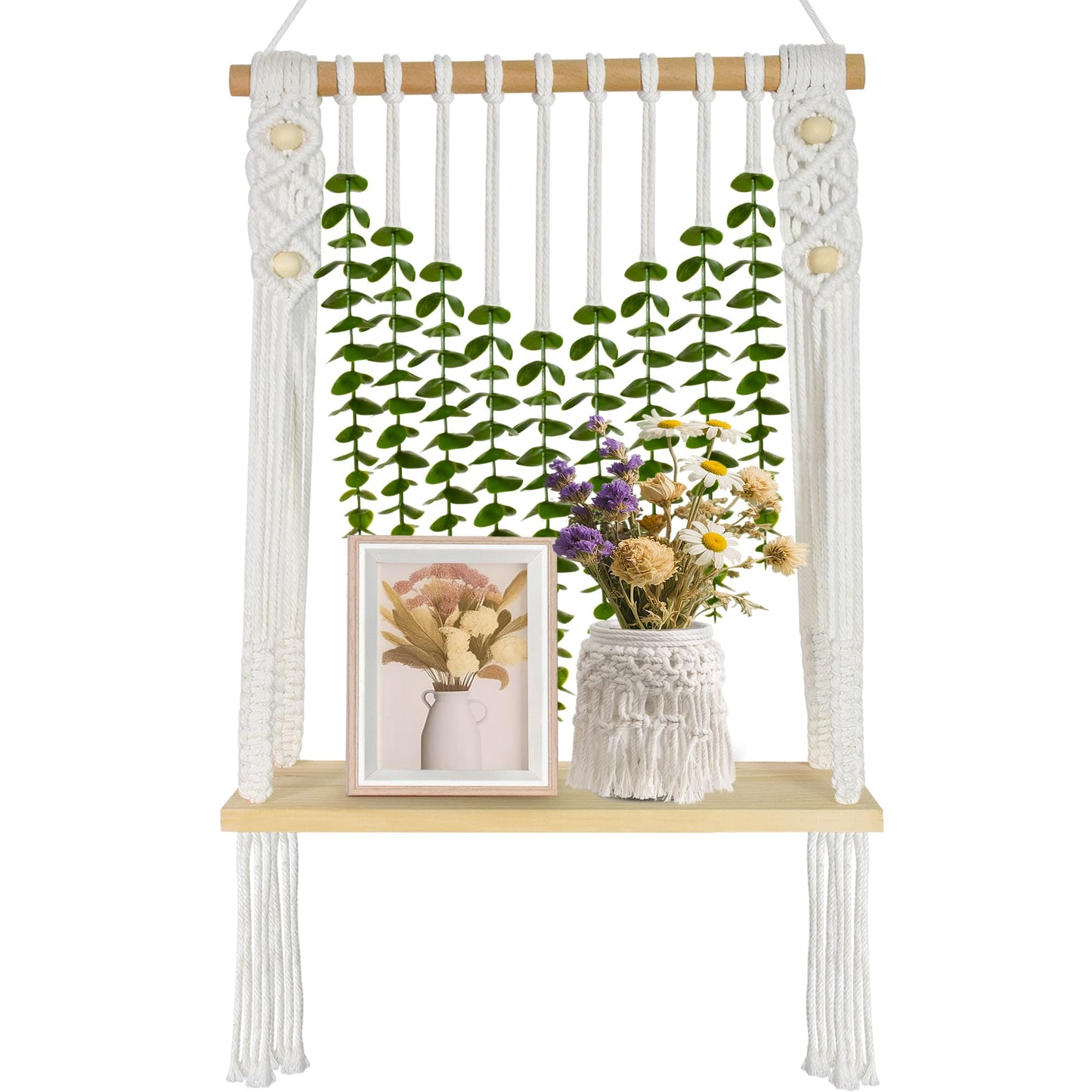 Sopicoz Boho Macrame Hanging Wall Shelf Wooden Display with Eucalyptus