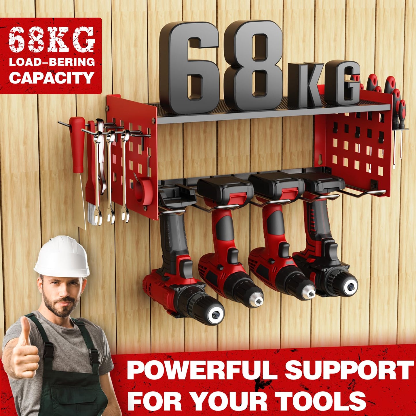 2 Layer Power Tool Organiser Wall Mounted Storage Rack Heavy Duty Metal Shelving for 4 Drill Holders - Red 2 Layer
