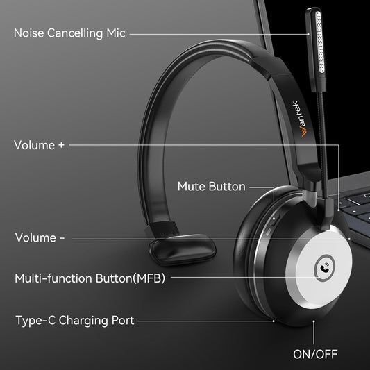 Wireless Headset with Mic USB & Bluetooth, AI Noise Cancelling, 50Hr Battery