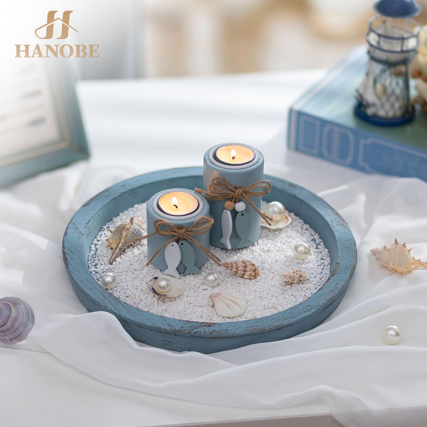 Coastal Blue Round Decorative Tray – Rustic Farmhouse Wooden Centrepiece 28 cm