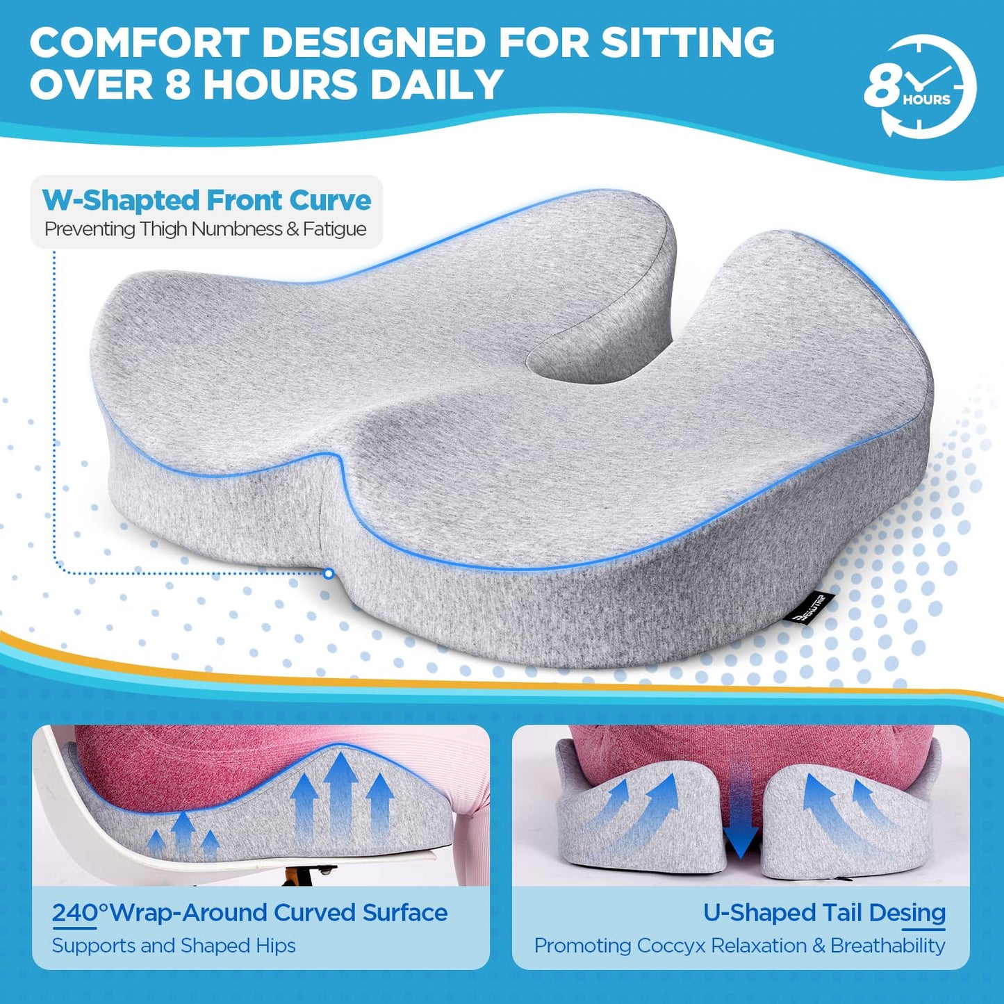 Memory Foam Seat Cushion for Office & Car – Tailbone, Sciatica & Back Pain Relief Pillow