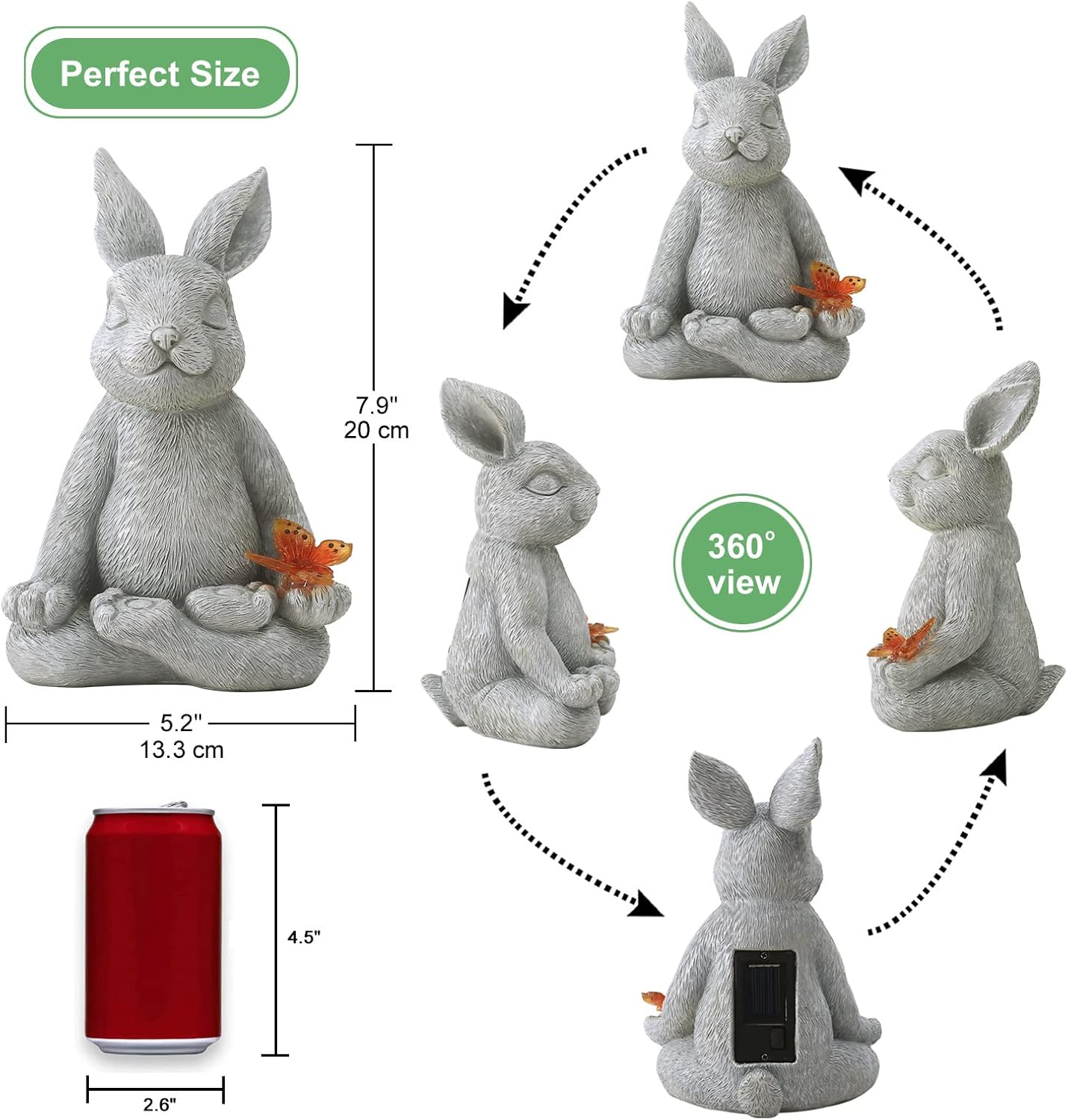 Solar Meditating Yoga Rabbit Garden Statue with Butterfly Light Resin 20cm