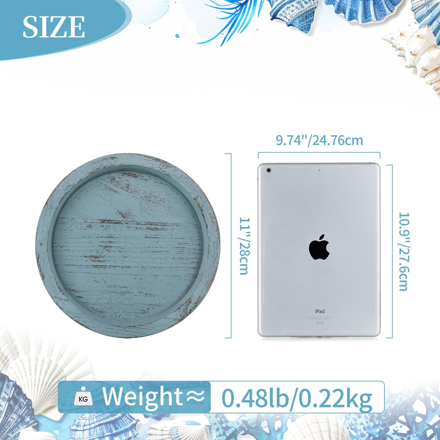 Coastal Blue Round Decorative Tray – Rustic Farmhouse Wooden Centrepiece 28 cm