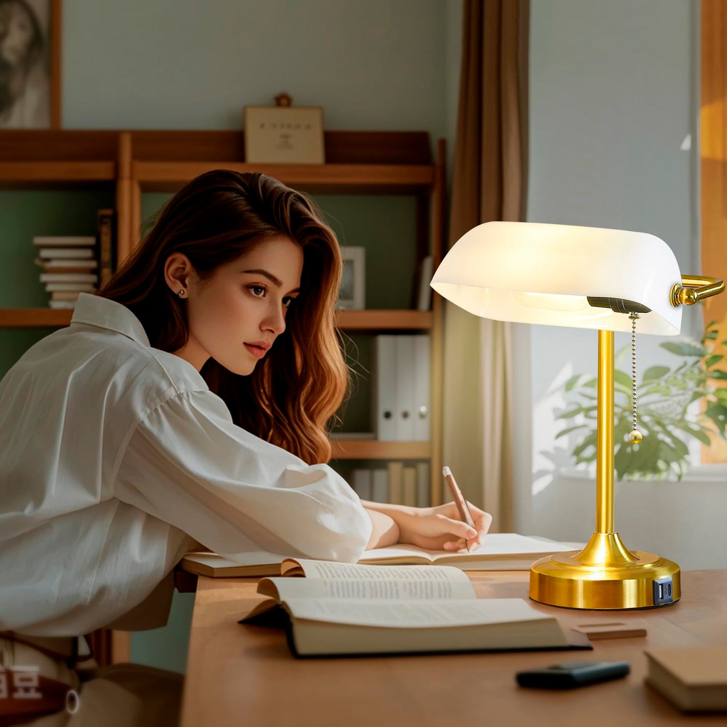 Vintage Bankers Desk Lamp USB Type C Charging Pull Chain Light