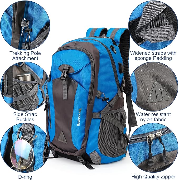 40L Waterproof Hiking Backpack Durable Travel Rucksack With Multi Pockets Blue
