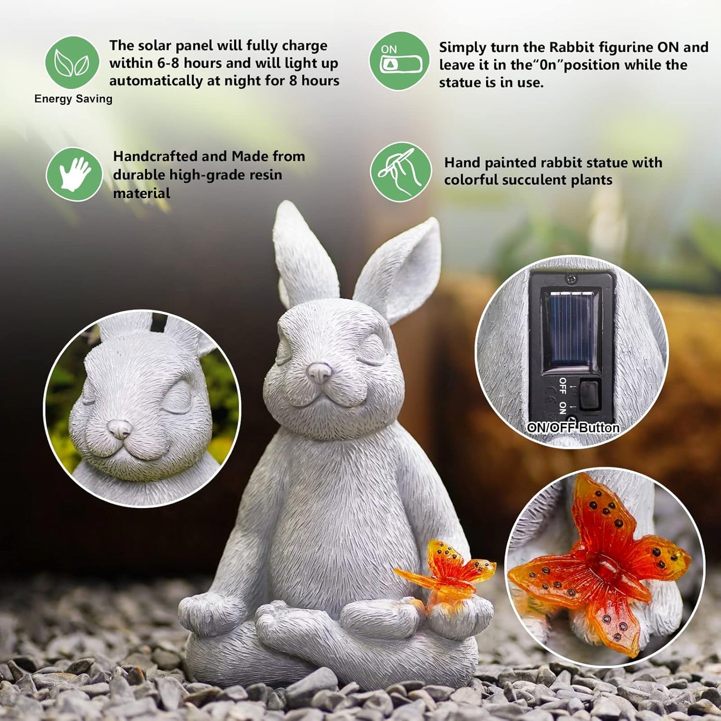 Solar Meditating Yoga Rabbit Garden Statue with Butterfly Light Resin 20cm