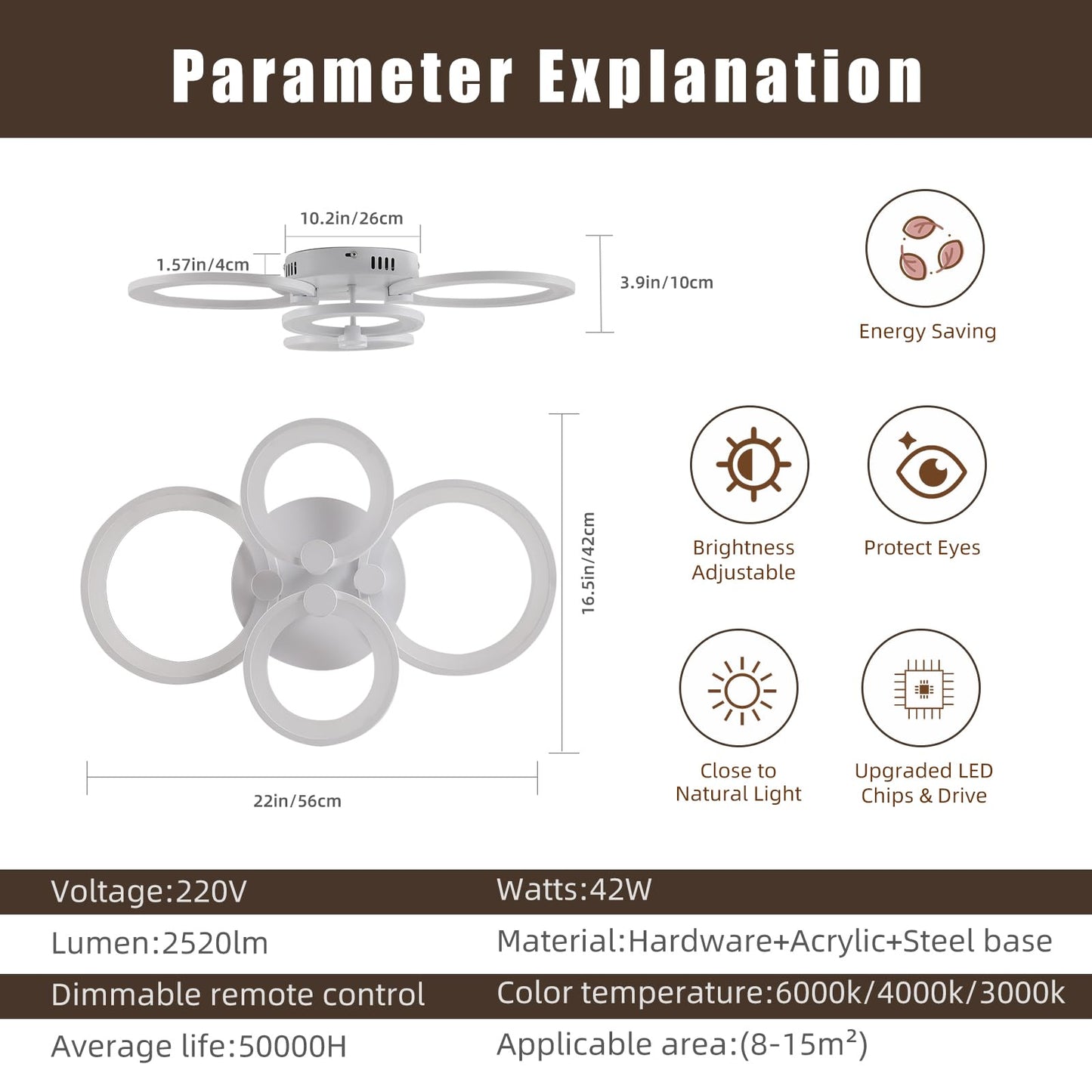 42W LED Dimmable Ceiling Light 4 Rings Modern Flush Mount - White