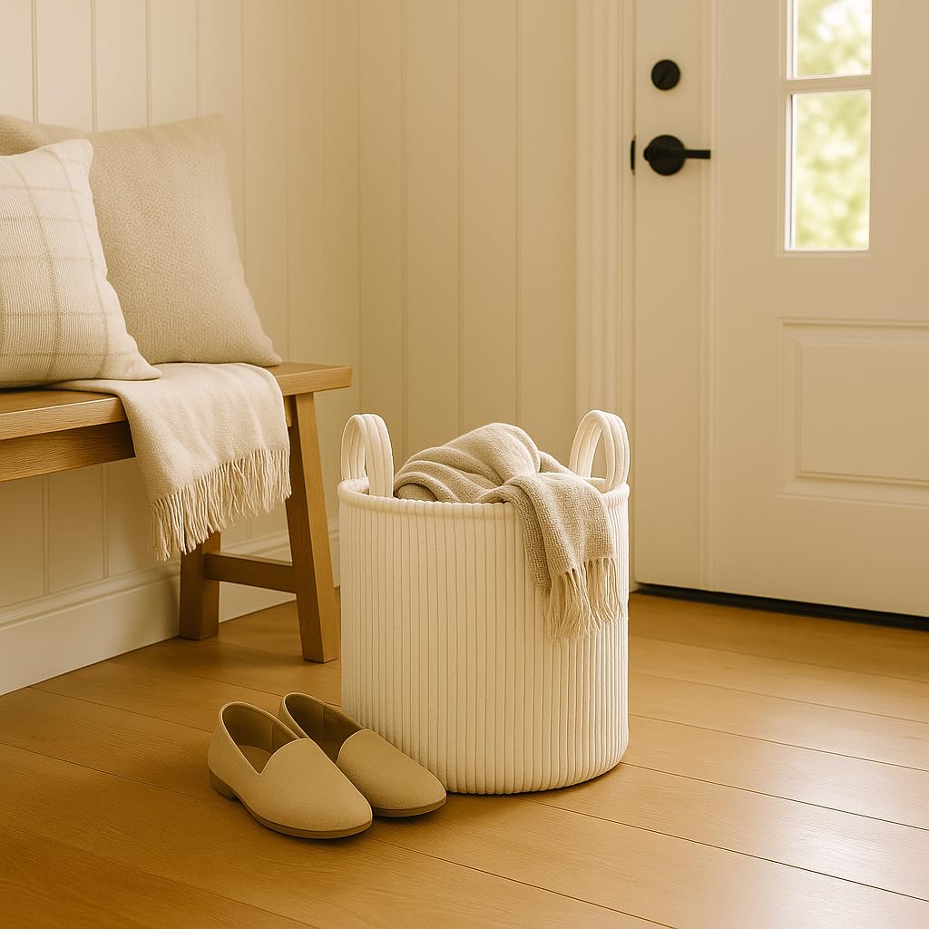 PUTSKA Corduroy Laundry Basket XL Storage Hamper Cream 56x41cm