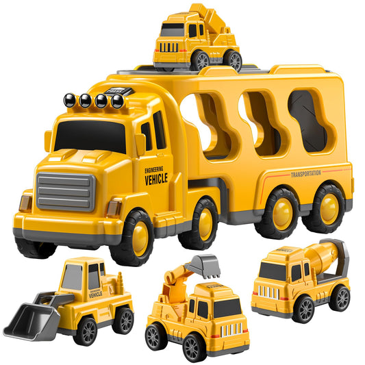 TEMI 5‑in‑1 Construction Truck Toy Set ‑ 4 Mini Vehicles, Friction Power, Ages 3‑9