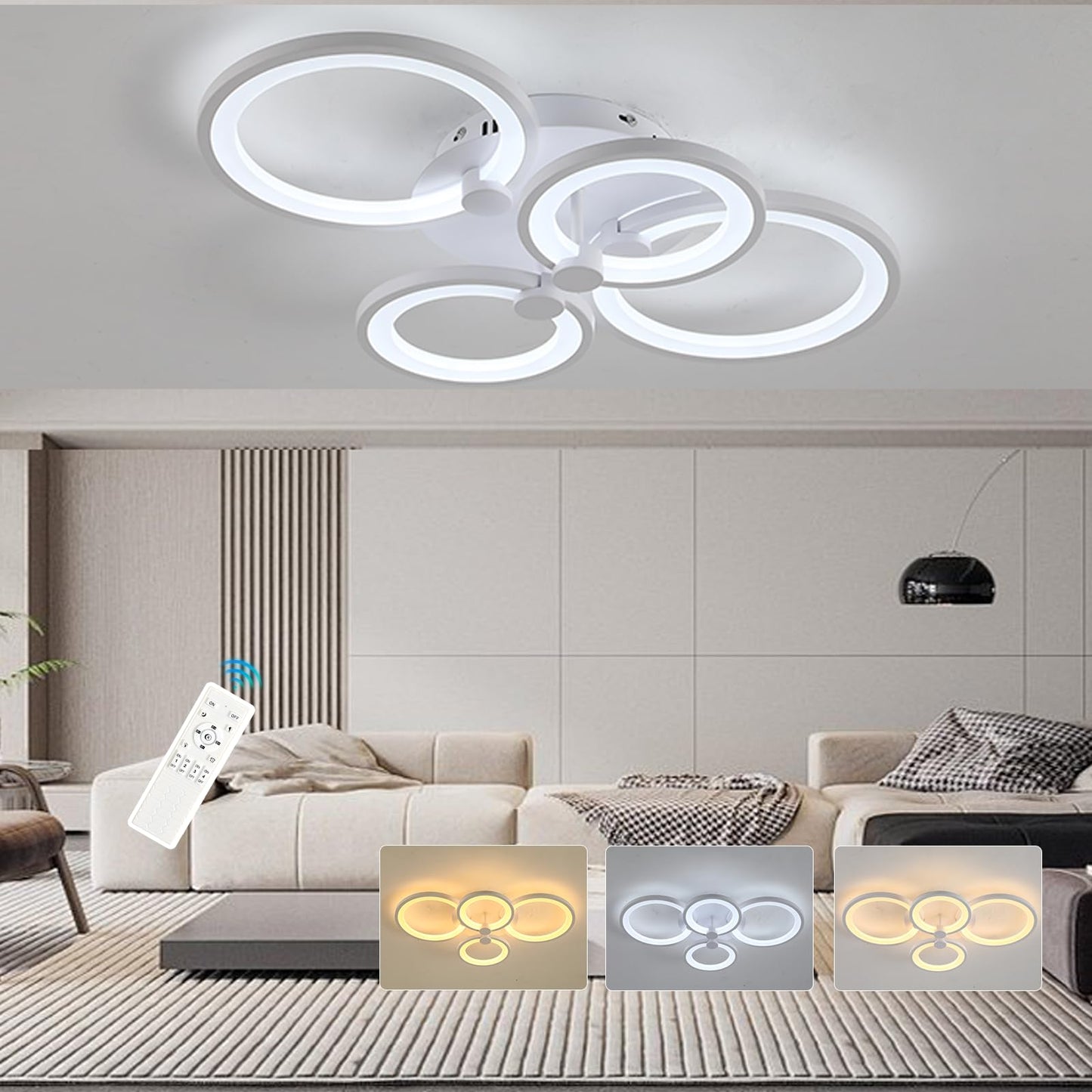42W LED Dimmable Ceiling Light 4 Rings Modern Flush Mount - White
