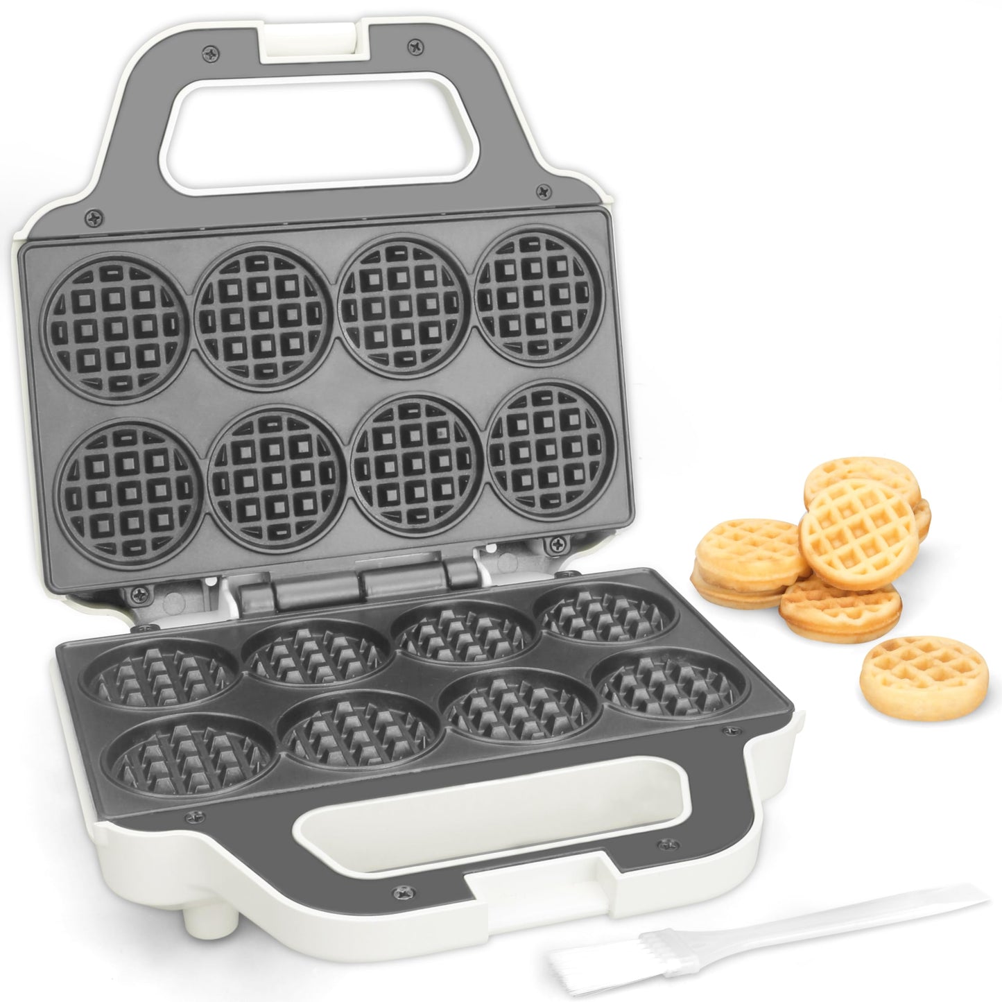 Mini Waffle Maker Machine – Bake 8 x 2'' Bite-Sized Waffles, Compact Non-Stick Iron with Recipes, Easy to Use & Clean, White