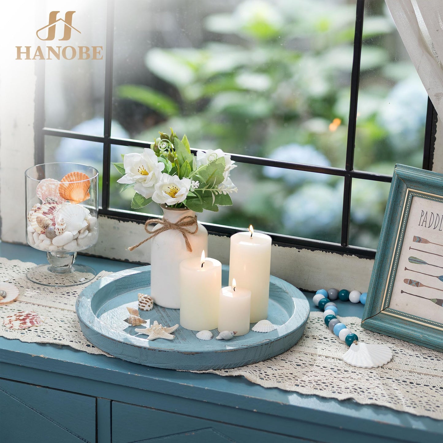 Coastal Blue Round Decorative Tray – Rustic Farmhouse Wooden Centrepiece 28 cm