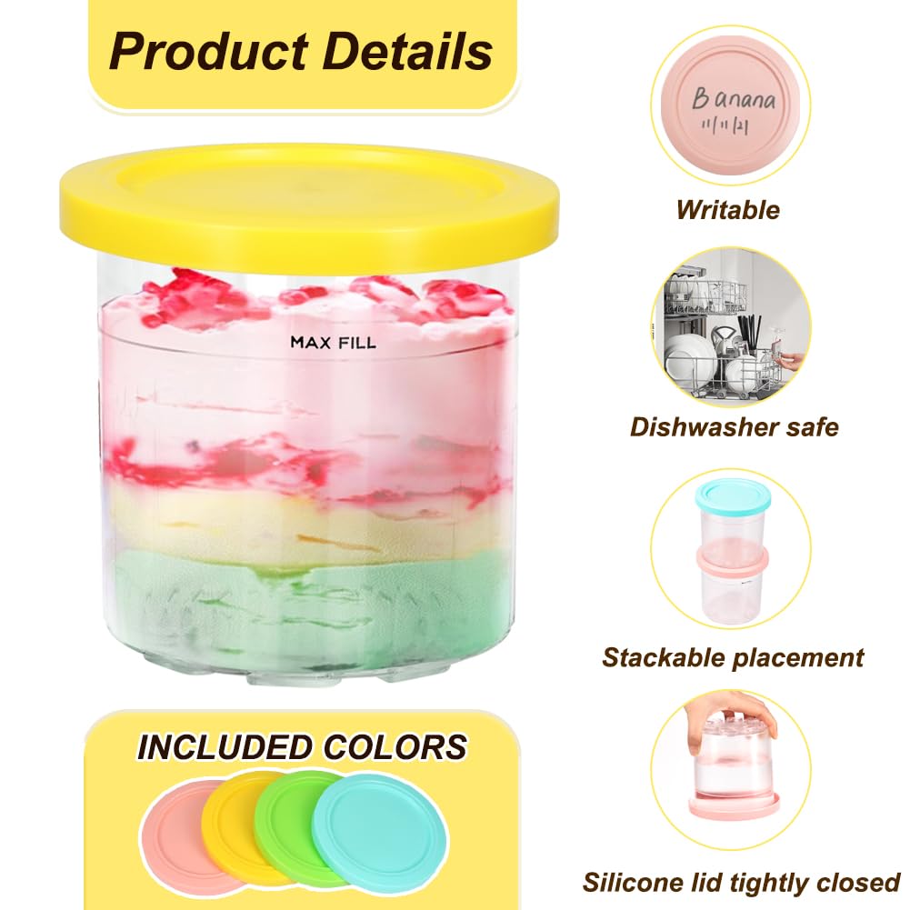 4x 473ml Ninja Creami Compatible Ice Cream Tubs with Lids – Multi Colour
