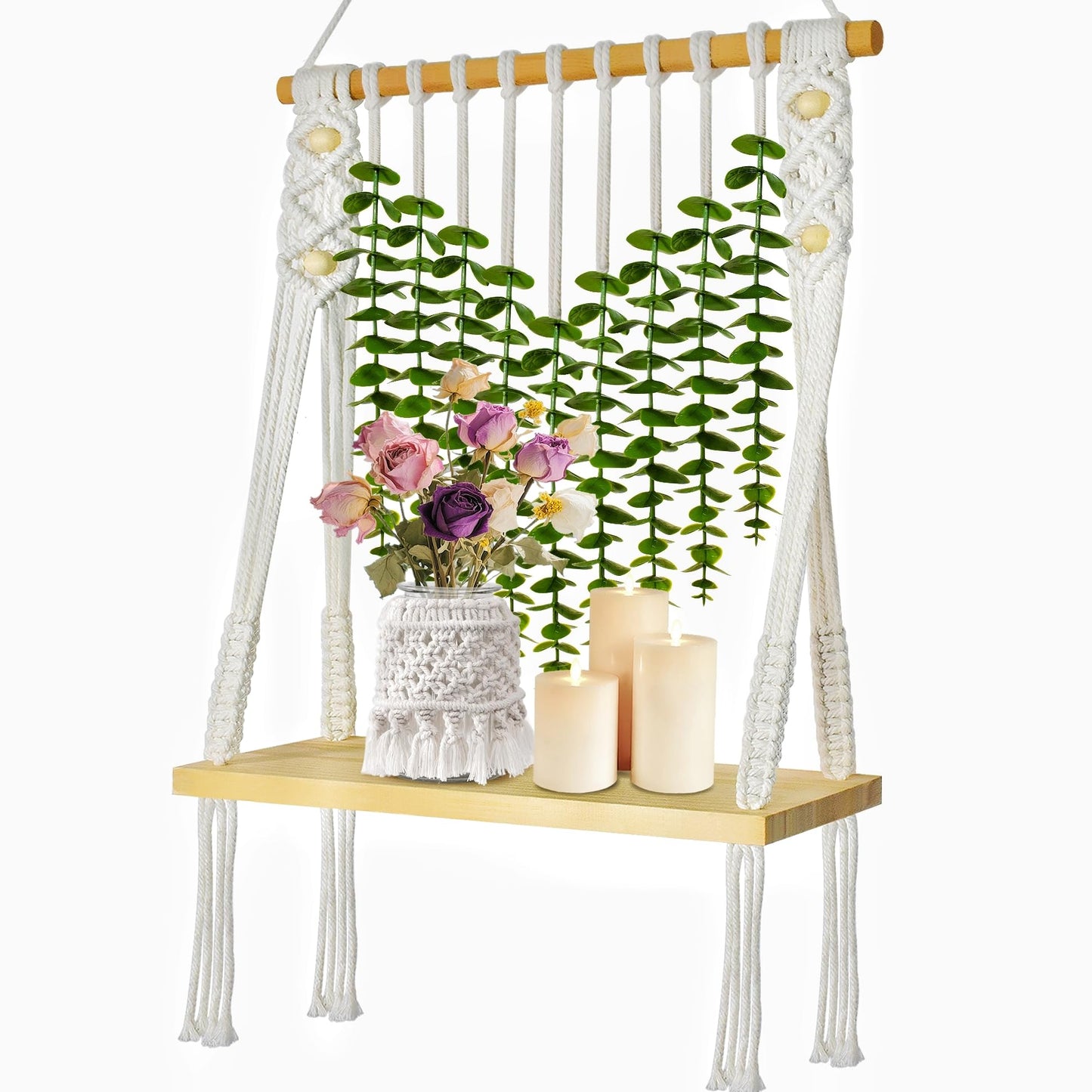 Sopicoz Boho Macrame Hanging Wall Shelf Wooden Display with Eucalyptus