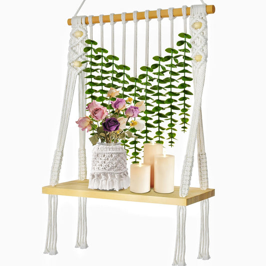 Sopicoz Boho Macrame Hanging Wall Shelf Wooden Display with Eucalyptus