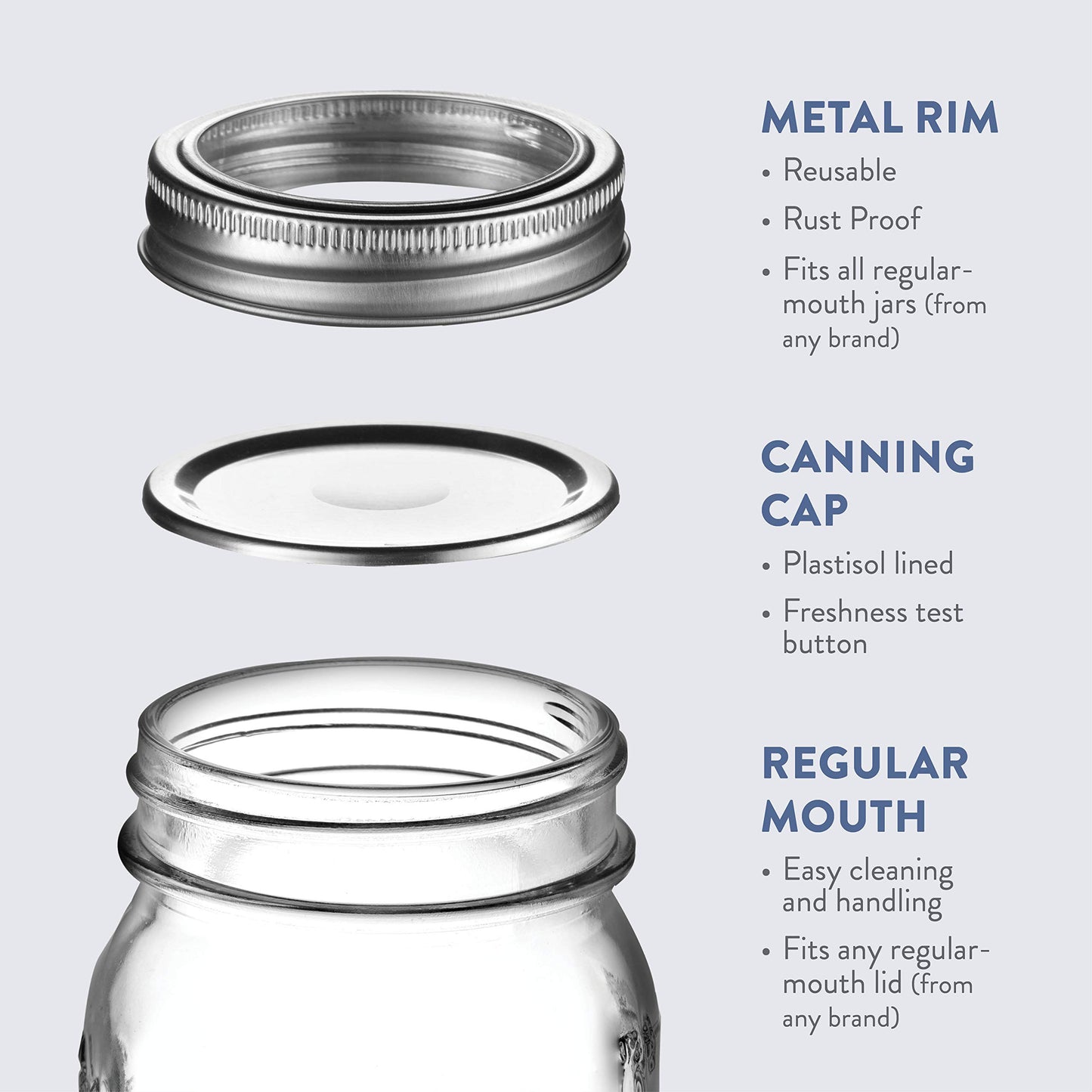 Premium Glass Mason Jars 474ml with Airtight Silver Lids - 6 Pack