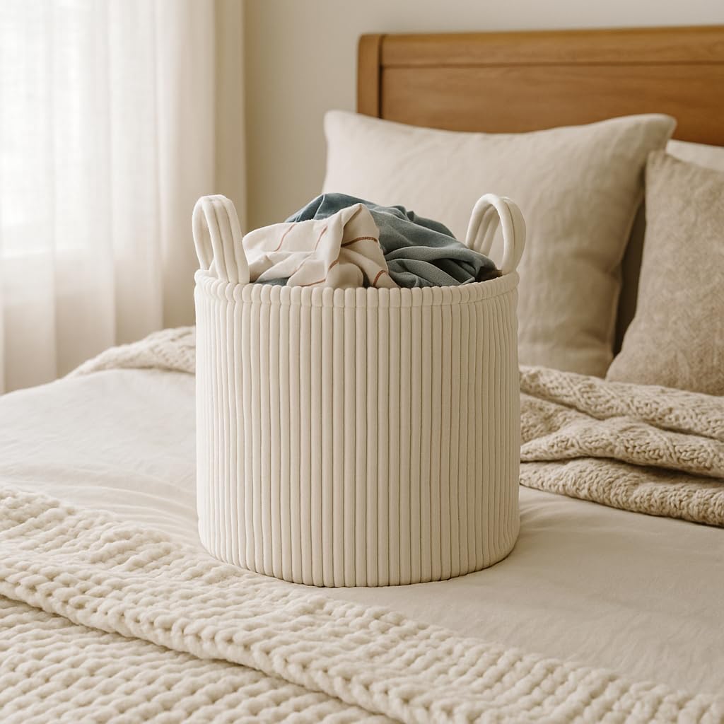 PUTSKA Corduroy Laundry Basket XL Storage Hamper Cream 56x41cm