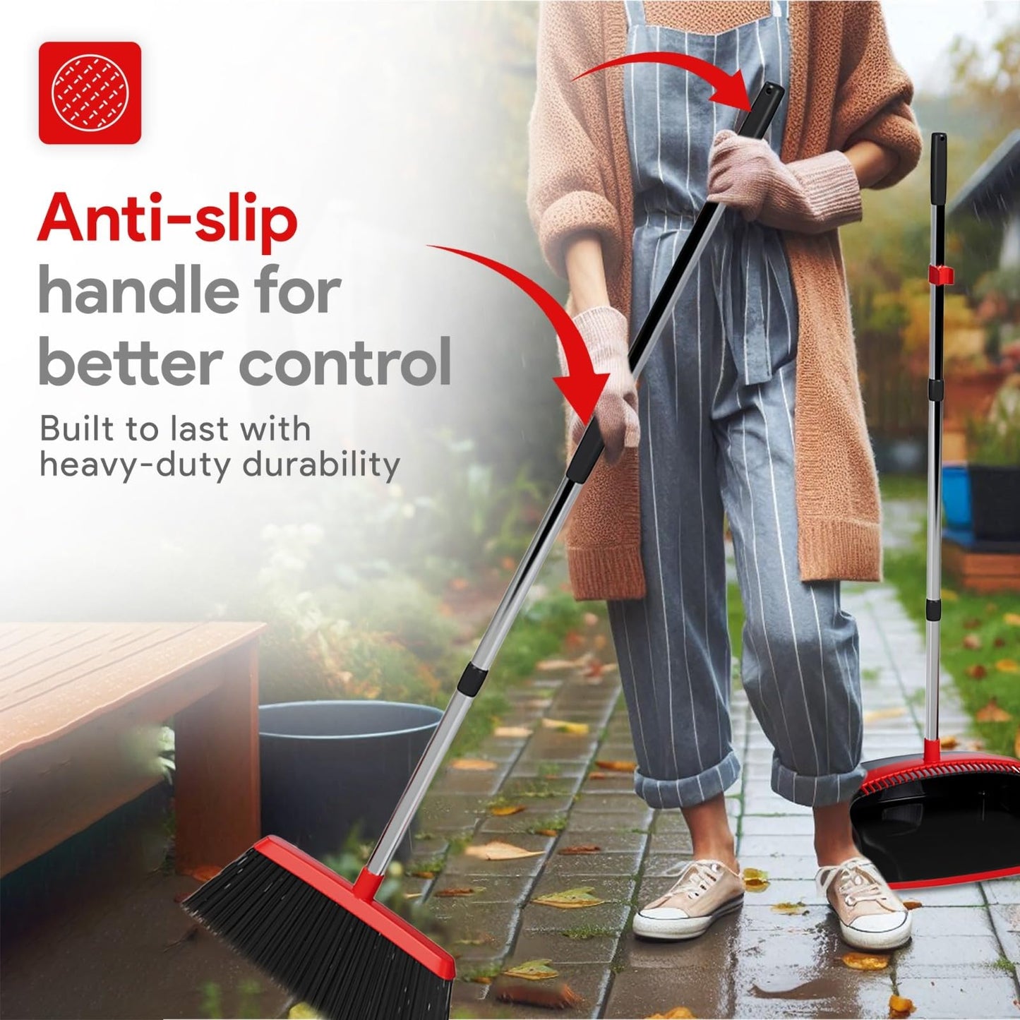 Adjustable Long Handled Dustpan and Brush Set - Red and Black Large 55"
