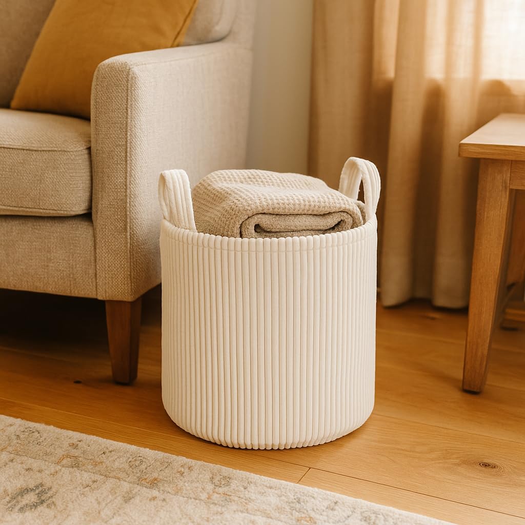 PUTSKA Corduroy Laundry Basket XL Storage Hamper Cream 56x41cm
