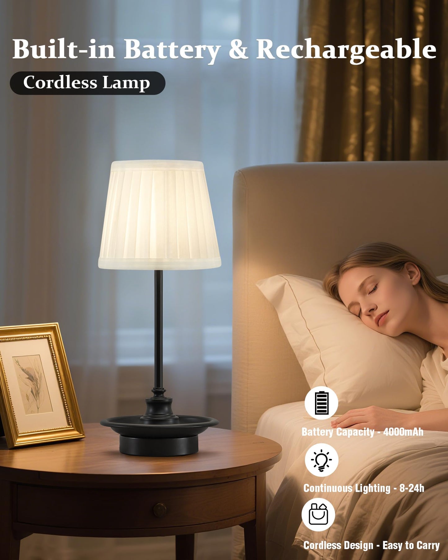 GyroVu Rechargeable Cordless Table Lamp, Touch Dimmable LED, 4000mAh Battery