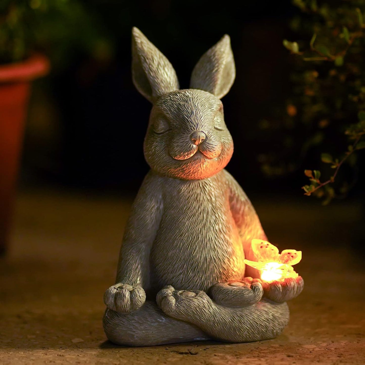 Solar Meditating Yoga Rabbit Garden Statue with Butterfly Light Resin 20cm