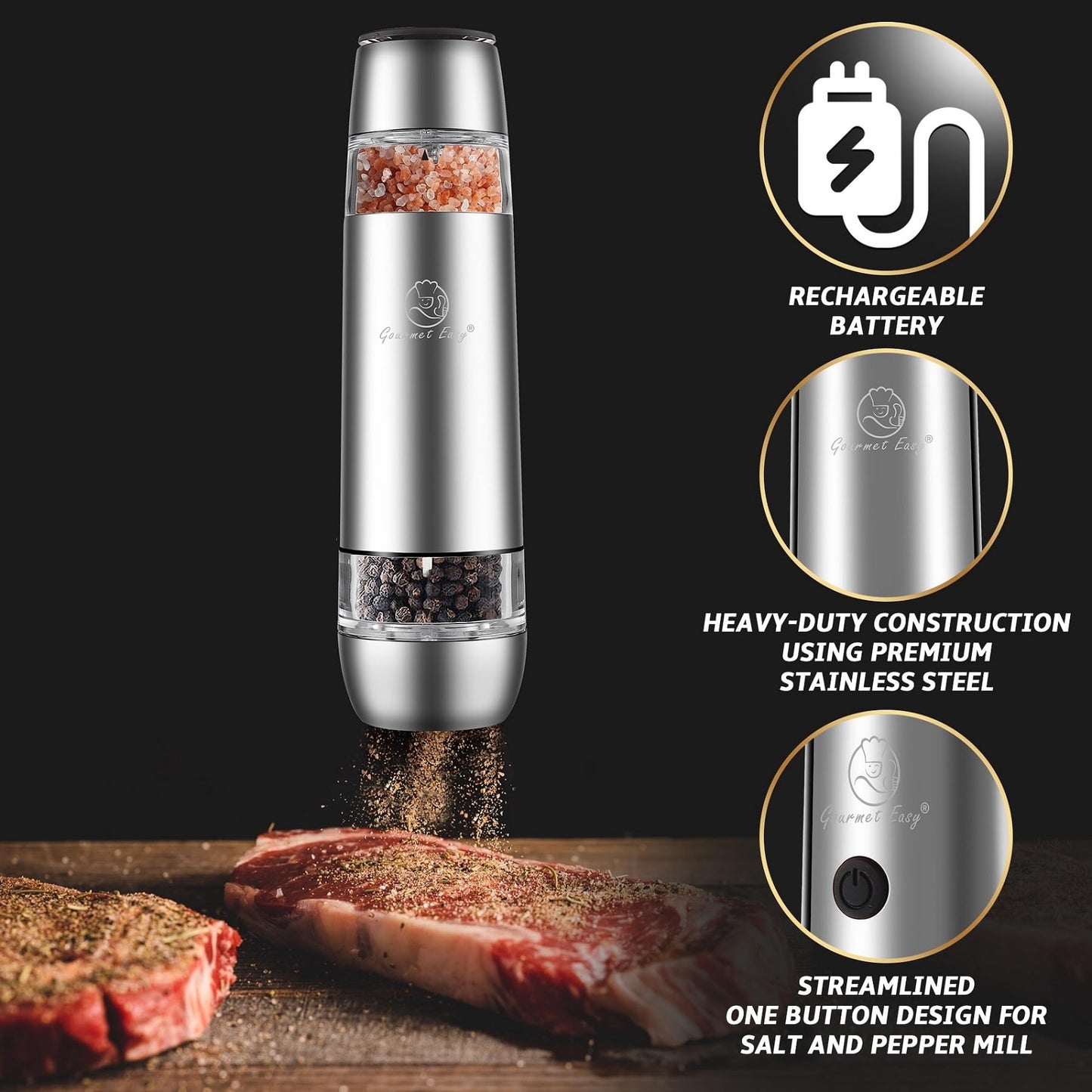 2-in-1 Electric Salt & Pepper Grinder Set USB-C Rechargeable, Adjustable Mill