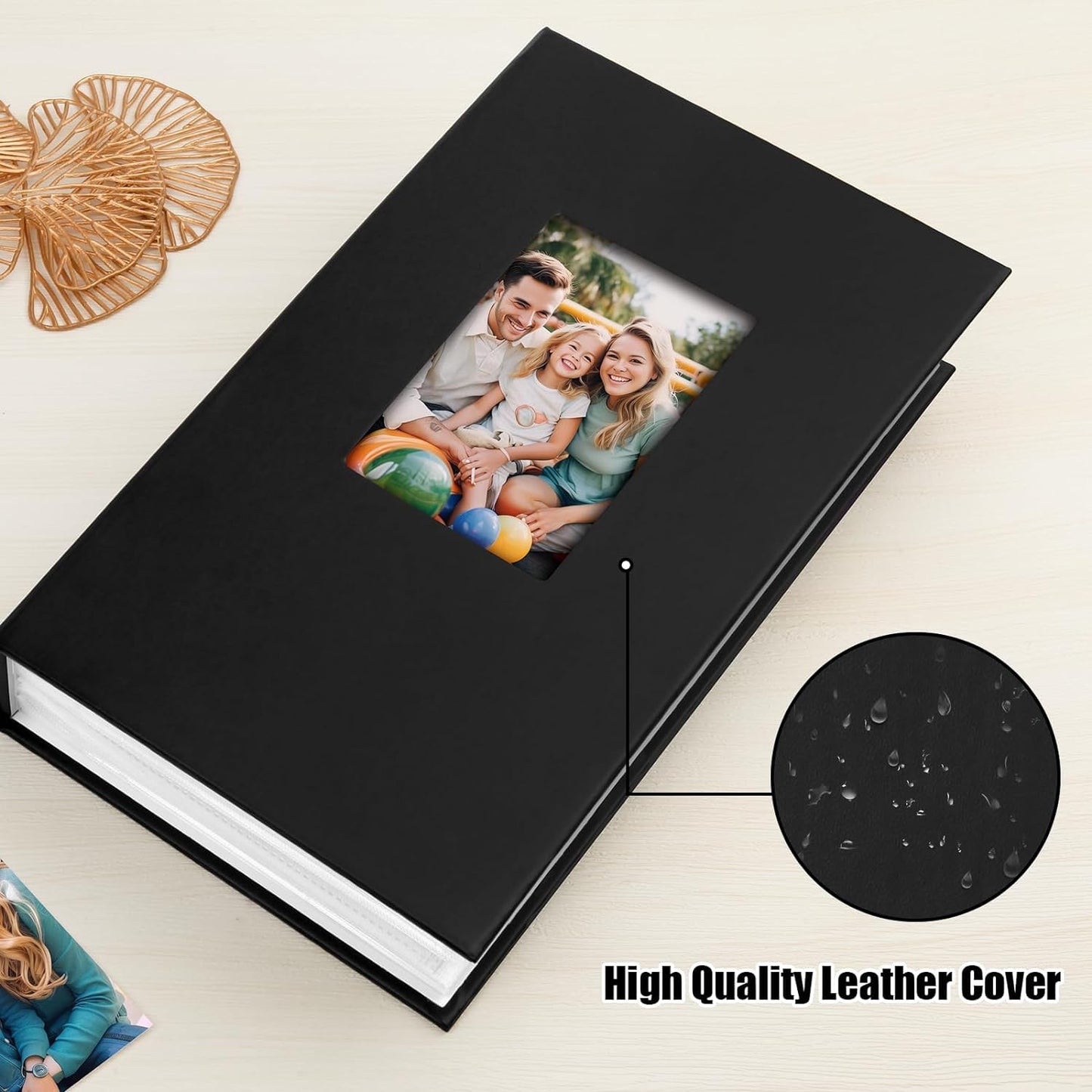 360 Pocket Leather Photo Album 6x4 Inch Acid-Free Pages Front Window Black