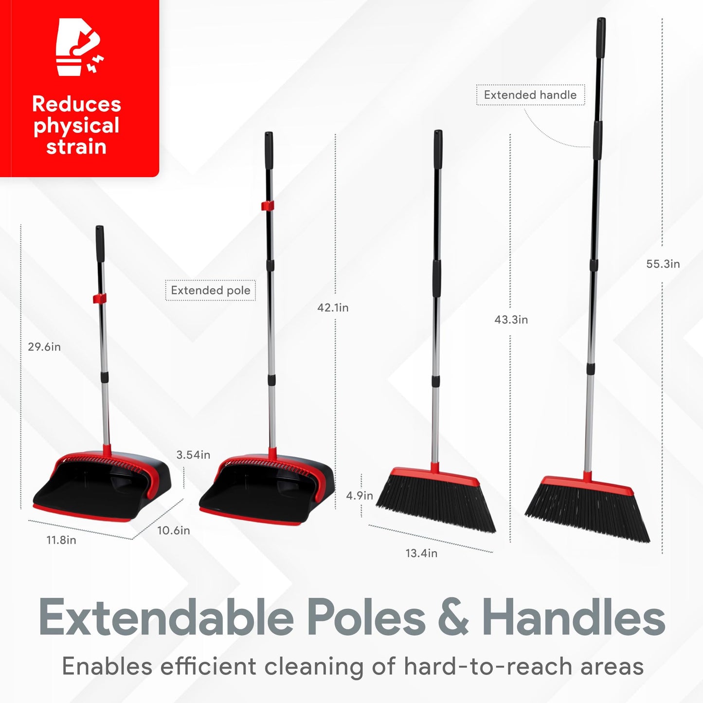 Adjustable Long Handled Dustpan and Brush Set - Red and Black Large 55"