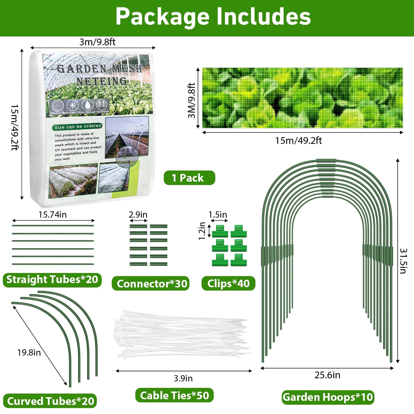 Insect Fine Mesh Netting Barrier Garden Protection with 10 Flexible Hoops - White