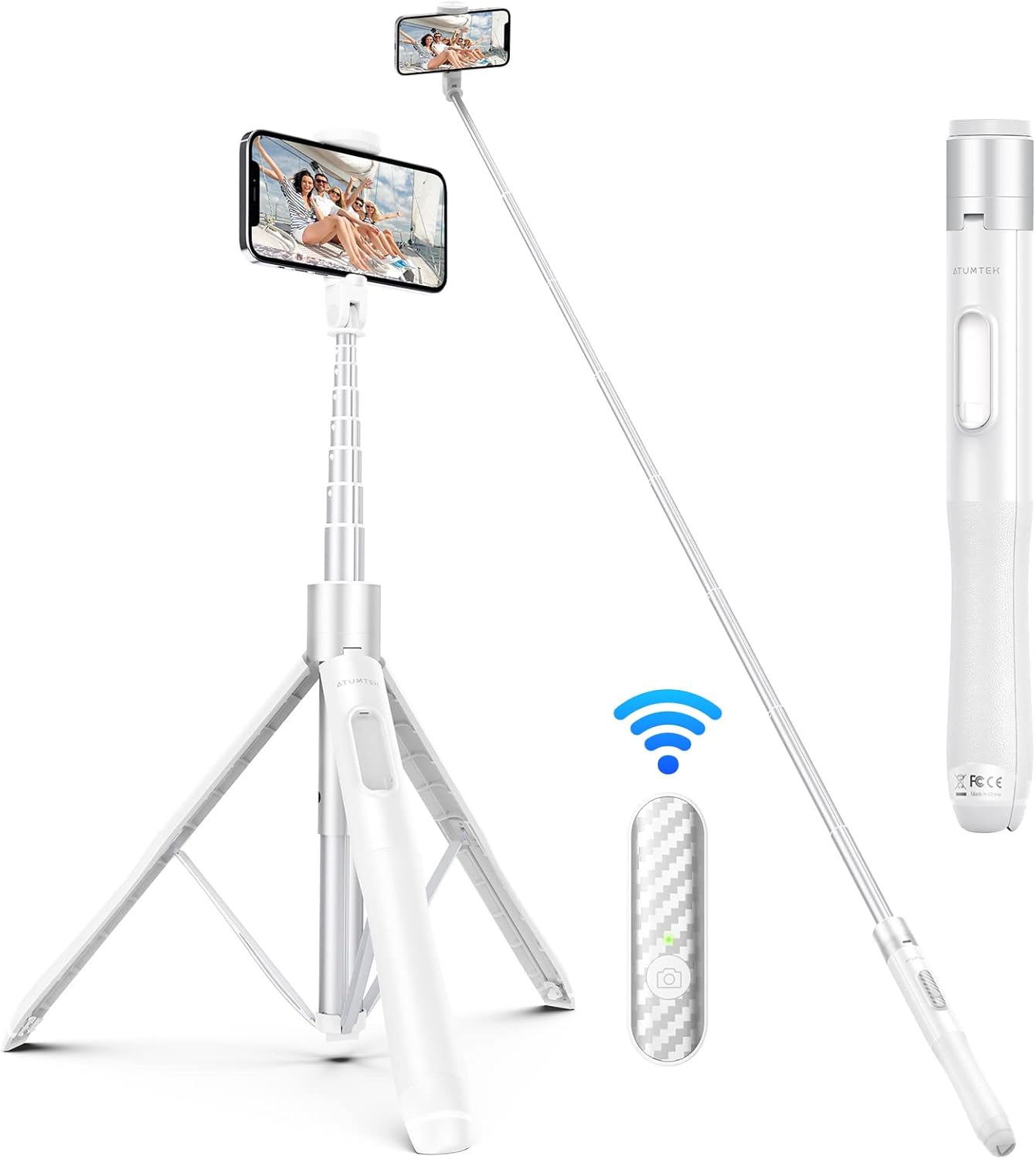 Selfie Stick Tripod 65 Inch Bluetooth Remote Phone Stand White